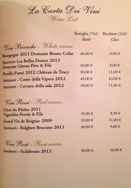 Menu di Ladurée Roma 