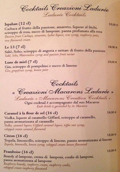 Menu di Ladurée Roma 