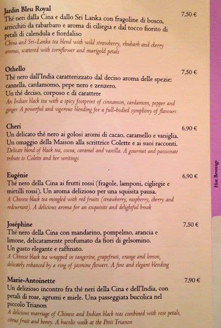 Menu di Ladurée Roma 