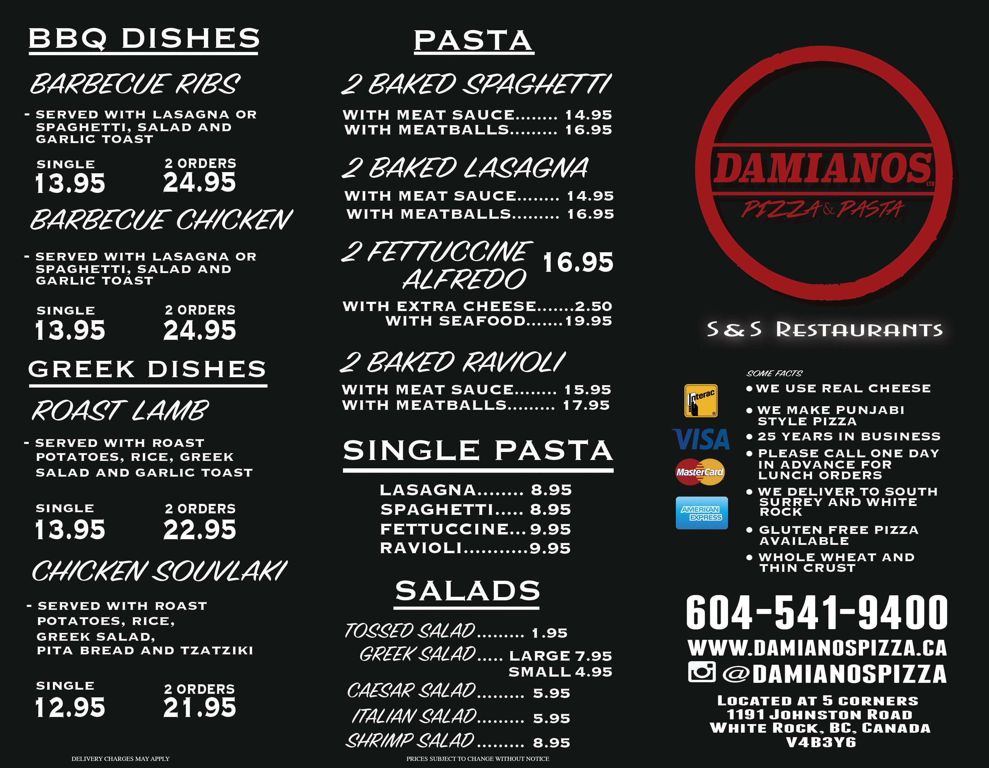 Damiano's Pizza Menu, Menu for Damiano's Pizza, White Rock, Metro