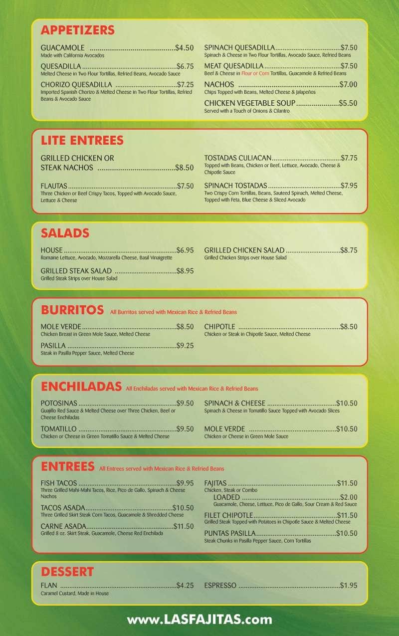 Menu at Las Fajitas restaurant, Boca Raton, N Dixie Hwy