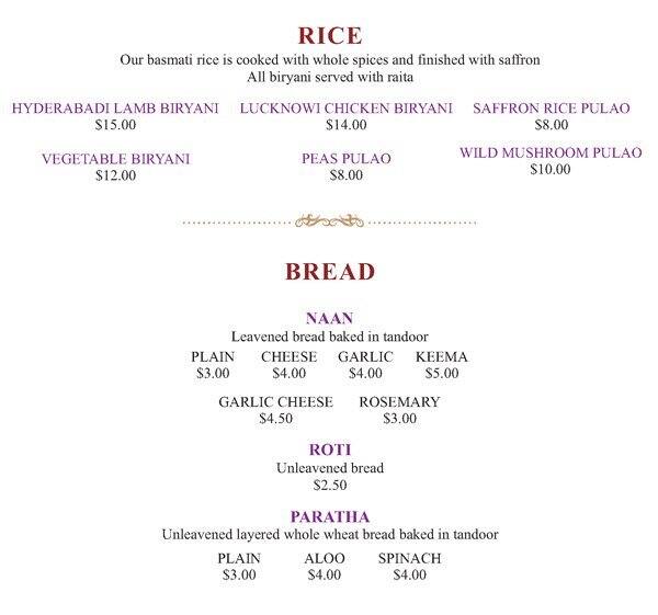 Menu at Rasoi restaurant, St. Louis