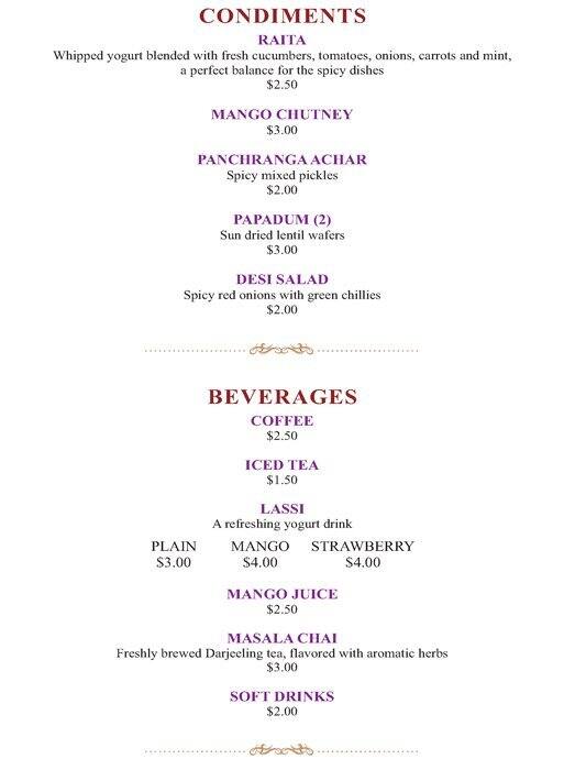 Menu at Rasoi restaurant, St. Louis