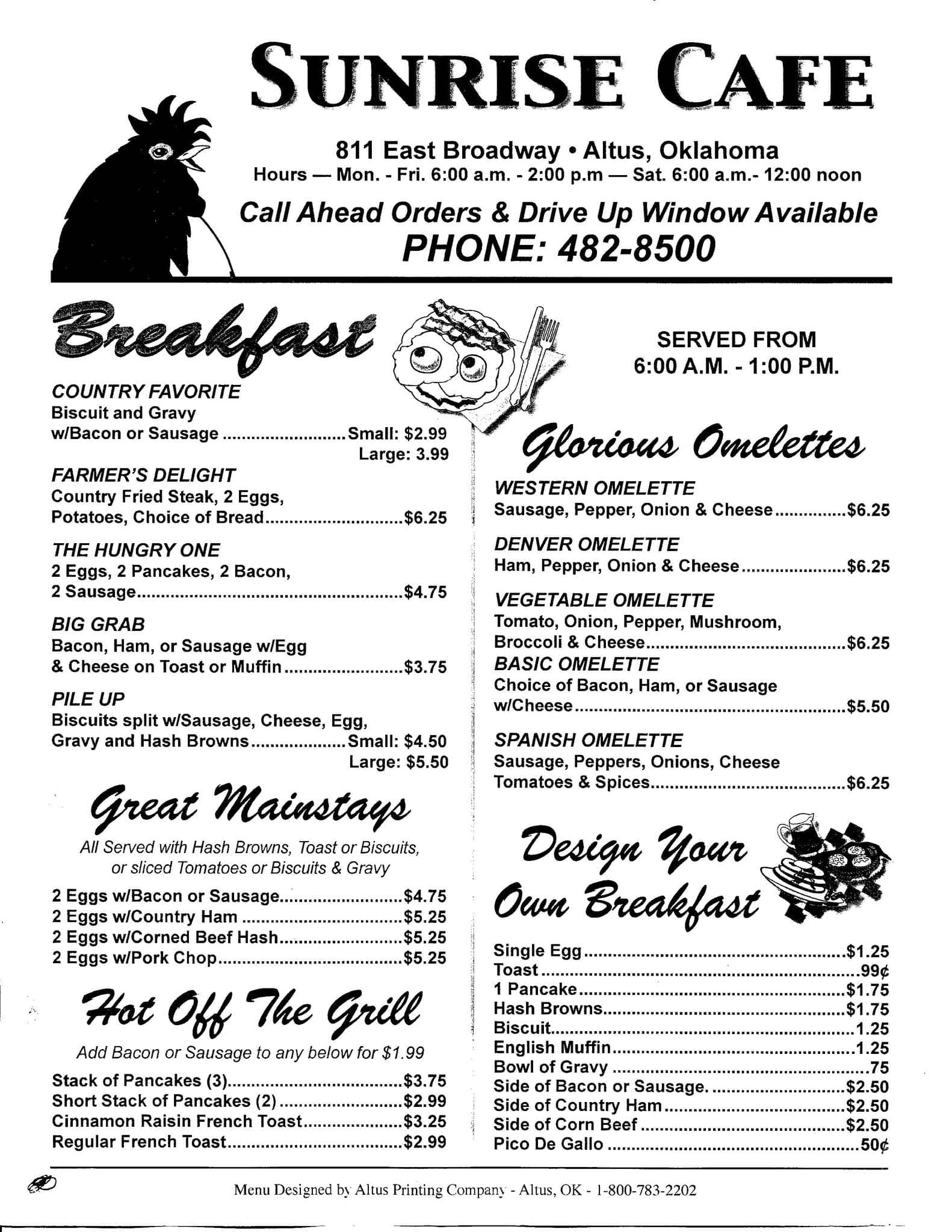 Menu at Sunrise Cafe, Altus