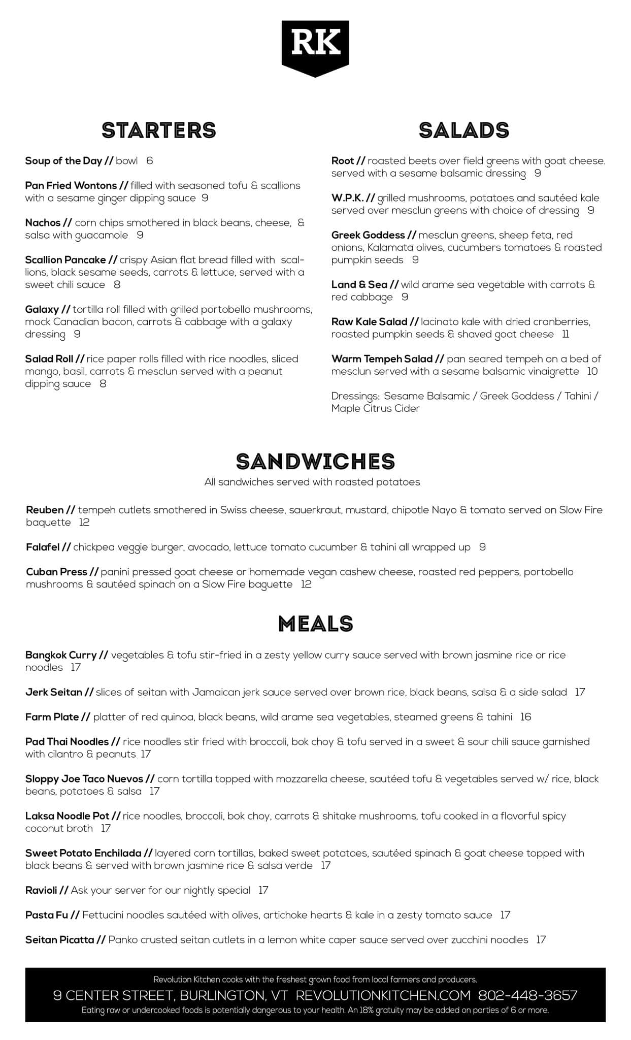 Revolution Kitchen Menu, Menu for Revolution Kitchen, Burlington