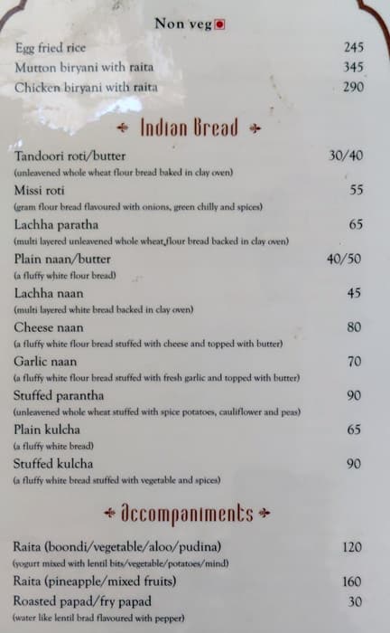 Hotel Thamla Haveli (Budget Hotel in Udaipur) menu