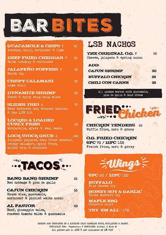 Menu of Lock Stock and Barrel, Yas Island, Abu Dhabi