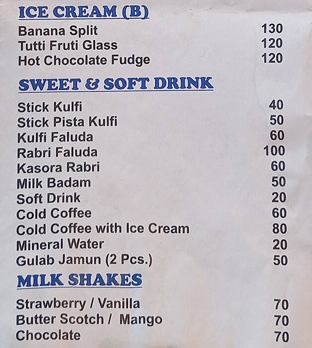 Menu at Pal's, New Delhi