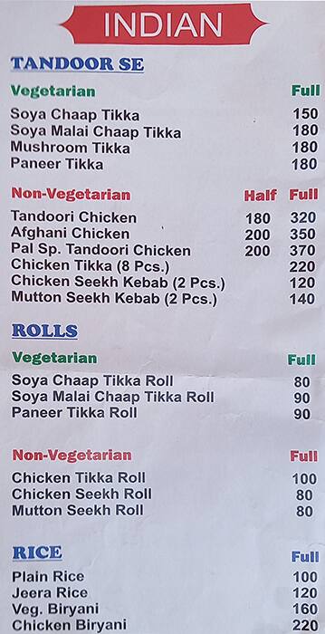 Menu at Pal's, New Delhi