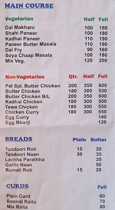 Menu at Pal's, New Delhi