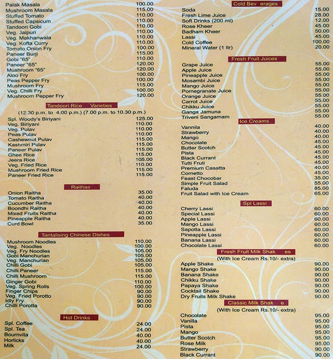 Chennai Woodlands menu