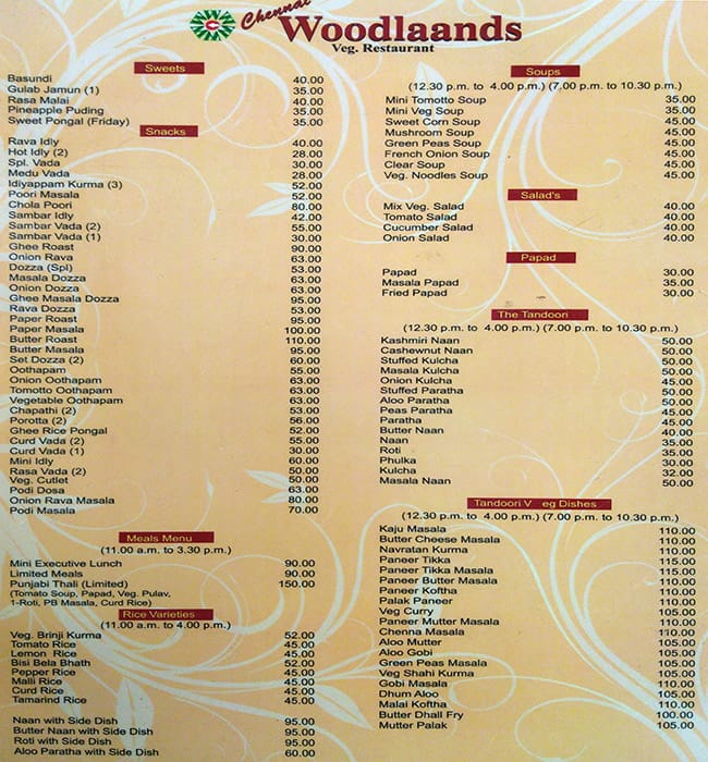 Menu At Chennai Woodlands, Chennai, 378G+96J