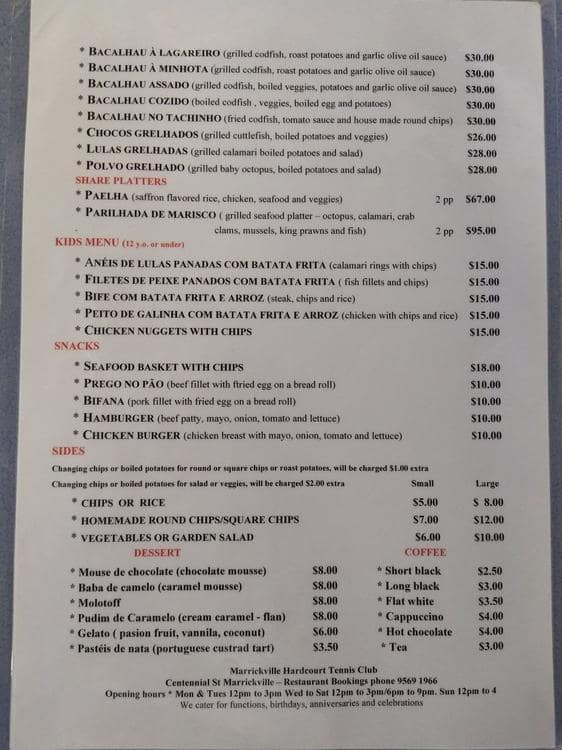 Menu at CASA DO BENFICA restaurant, Marrickville