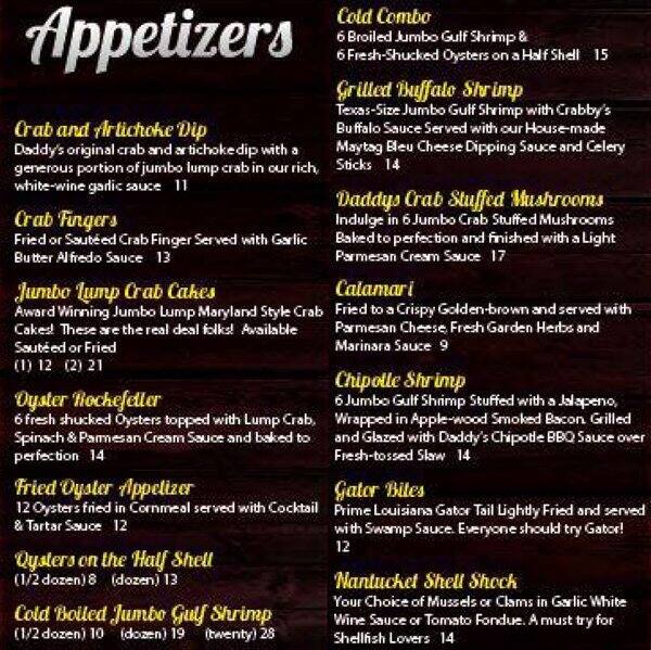 Menu at CrabDaddys Seafood Bar and Grill LLC, The Woodlands, I45 Ste 4G