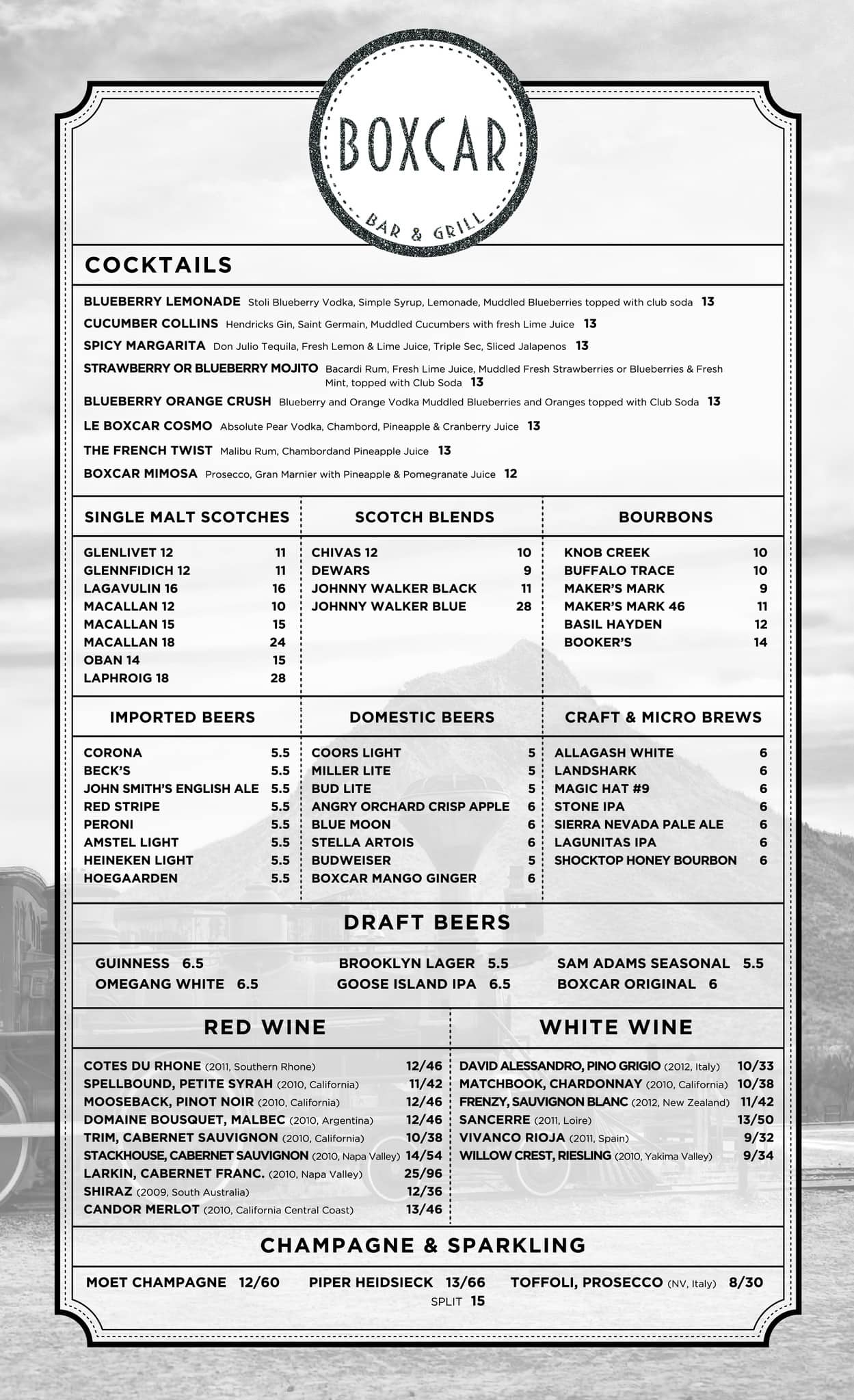 Menu at Boxcar Bar, Springfield Township