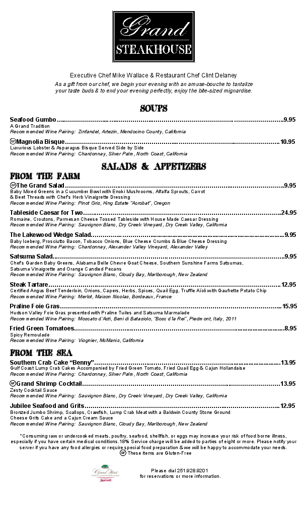 Grand Steakhouse Menu, Menu for Grand Steakhouse, Fairhope, Mobile Bay
