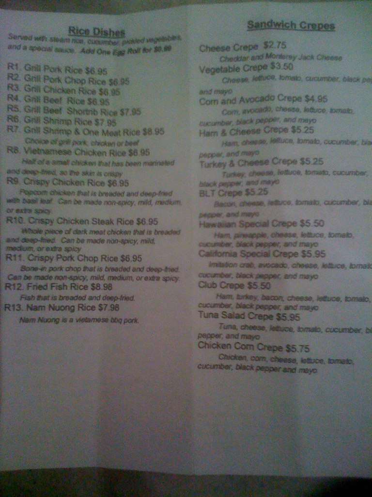 Menu at Noodle Cafe, Sparks