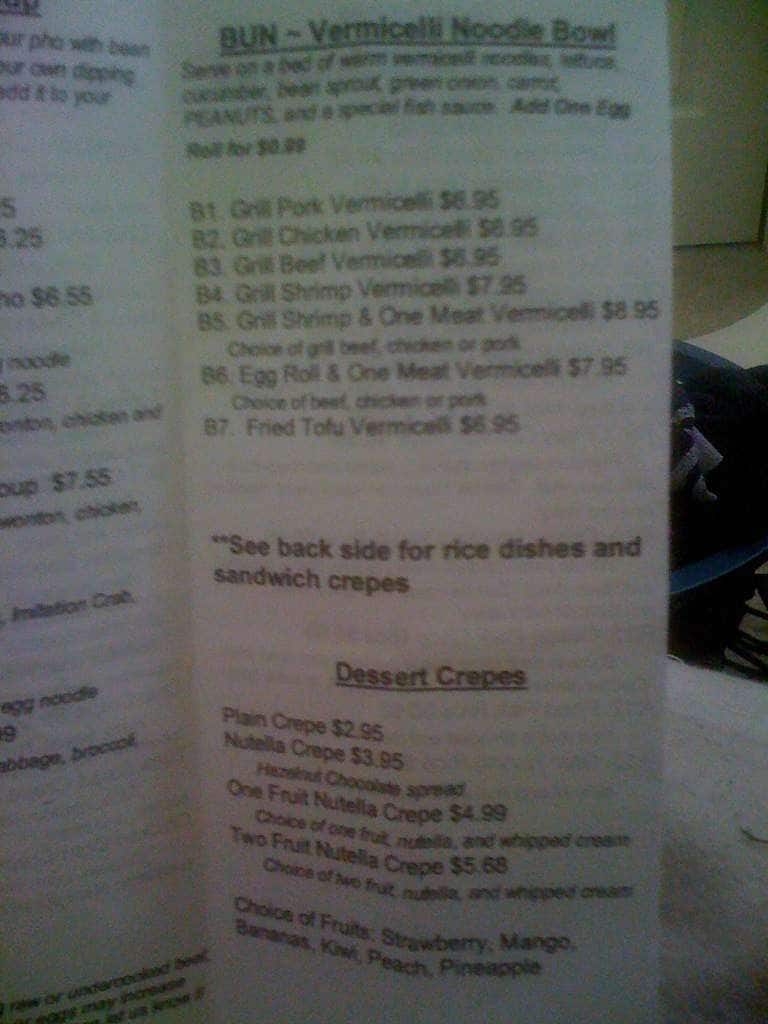 Menu at Noodle Cafe, Sparks