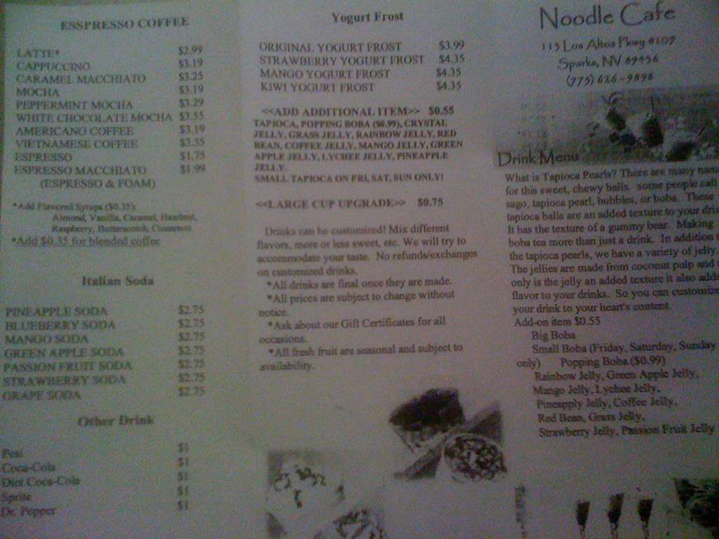 Menu at Noodle Cafe, Sparks