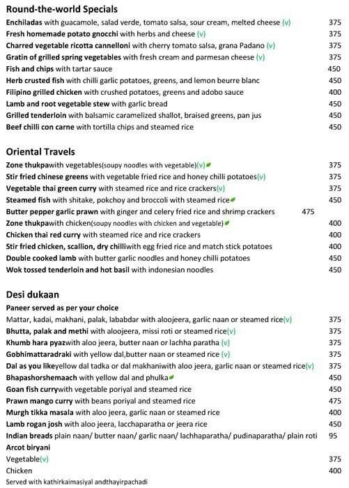 Zone by The Park Hotel, Chennai menu