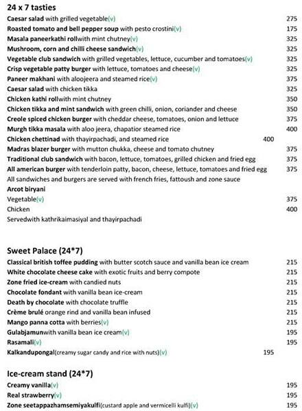 Zone by The Park Hotel, Chennai menu