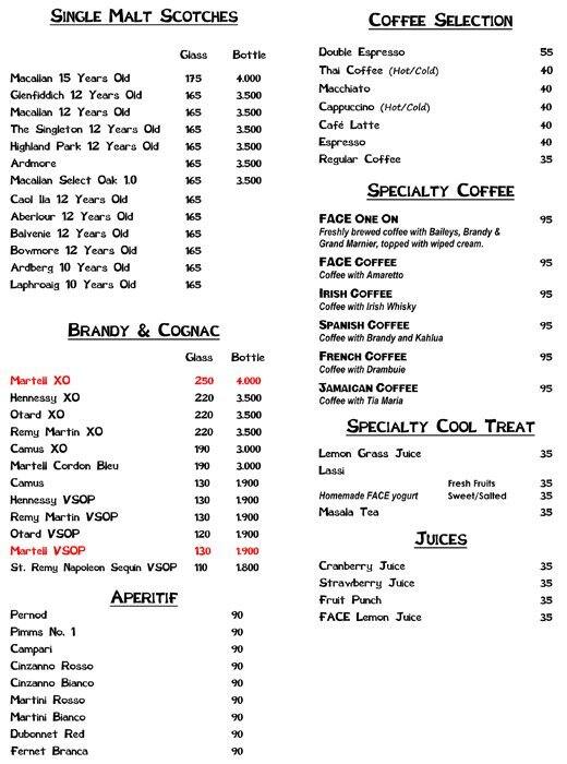 Face Bar Face Jakarta Menu, Menu untuk Face Bar Face Jakarta