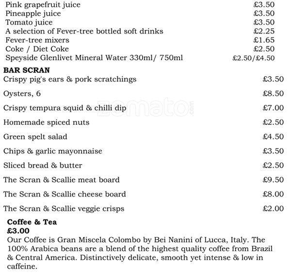 Menu at The Scran & Scallie pub & bar, Edinburgh