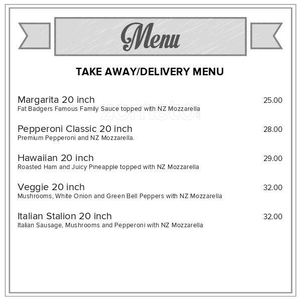 Fat Badger's Pizza Menu, Menu for Fat Badger's Pizza, Queenstown