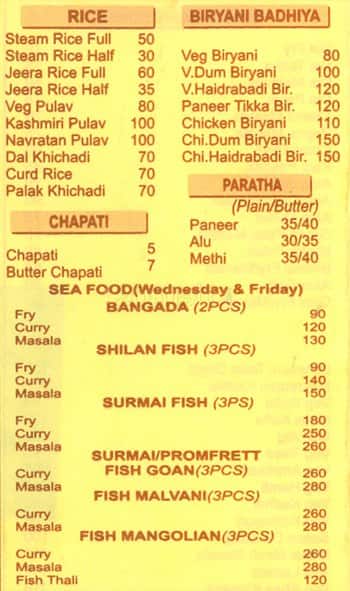 Vedant Restaurant menu