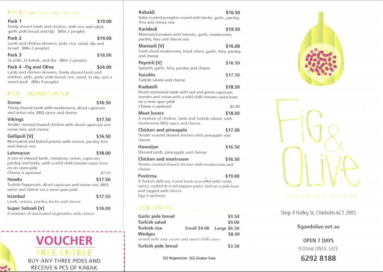 Menu at Fig restaurant, Chisholm