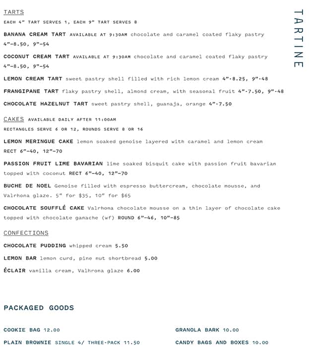 Menu at Tartine Bakery, San Francisco, 600 Guerrero St