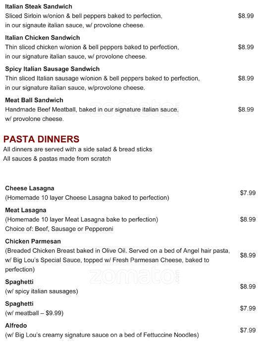 Menu at Big Lou's Pizza pizzeria, San Antonio