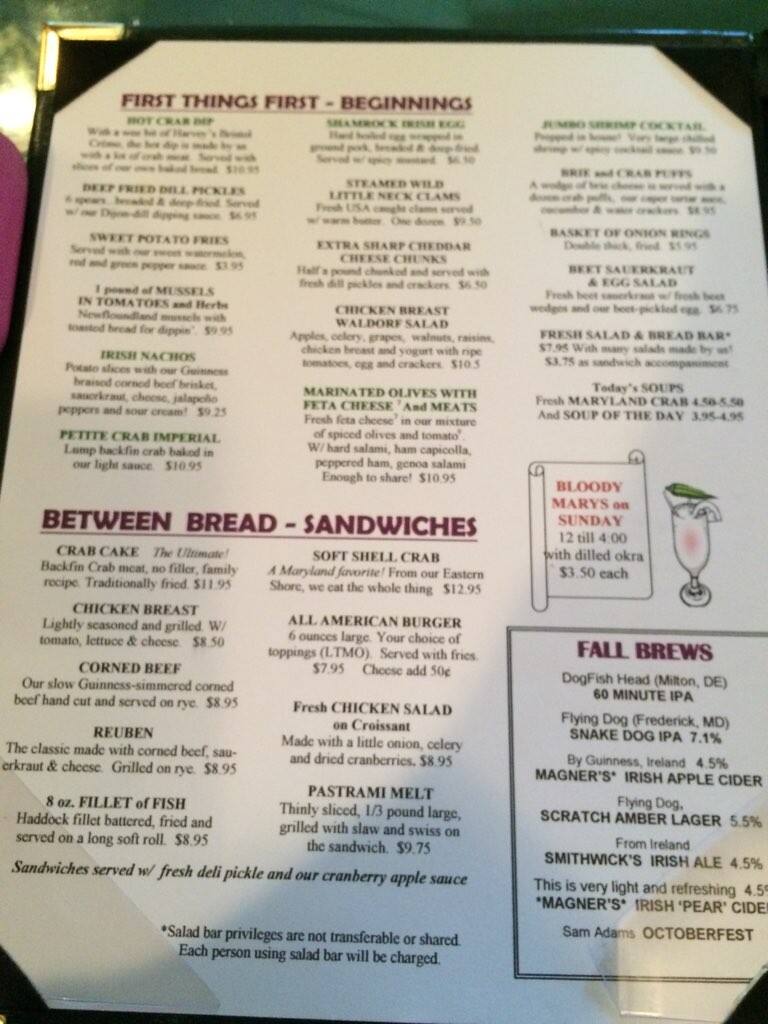 Shamrock menu, Menu restauracji Shamrock, Thurmont, Thurmont