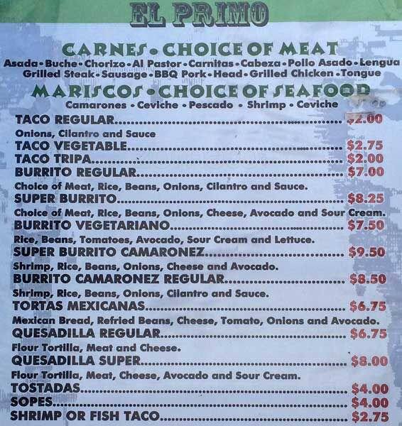 Tacos El Primo Menu, Menu for Tacos El Primo, Bayview, San Francisco