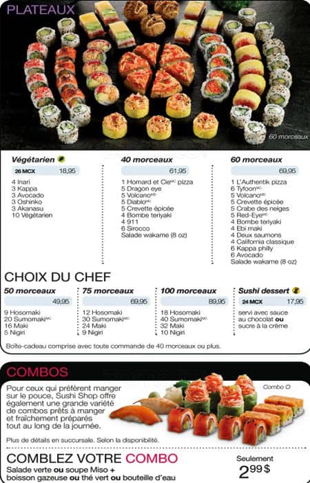 Menu au Sushi Shop Châteauguay restaurant, Châteauguay