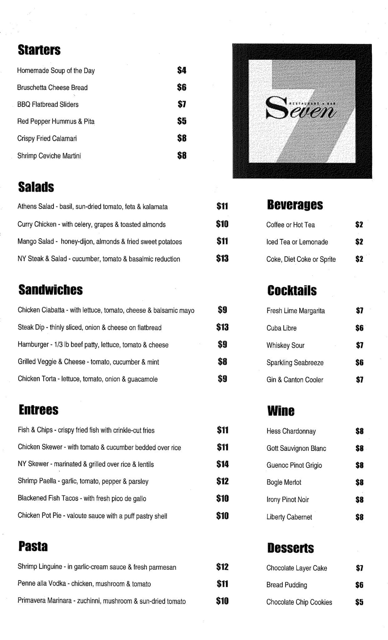 Seven Bar Lounge Menu, Menu for Seven Bar Lounge, Downtown, Los Angeles