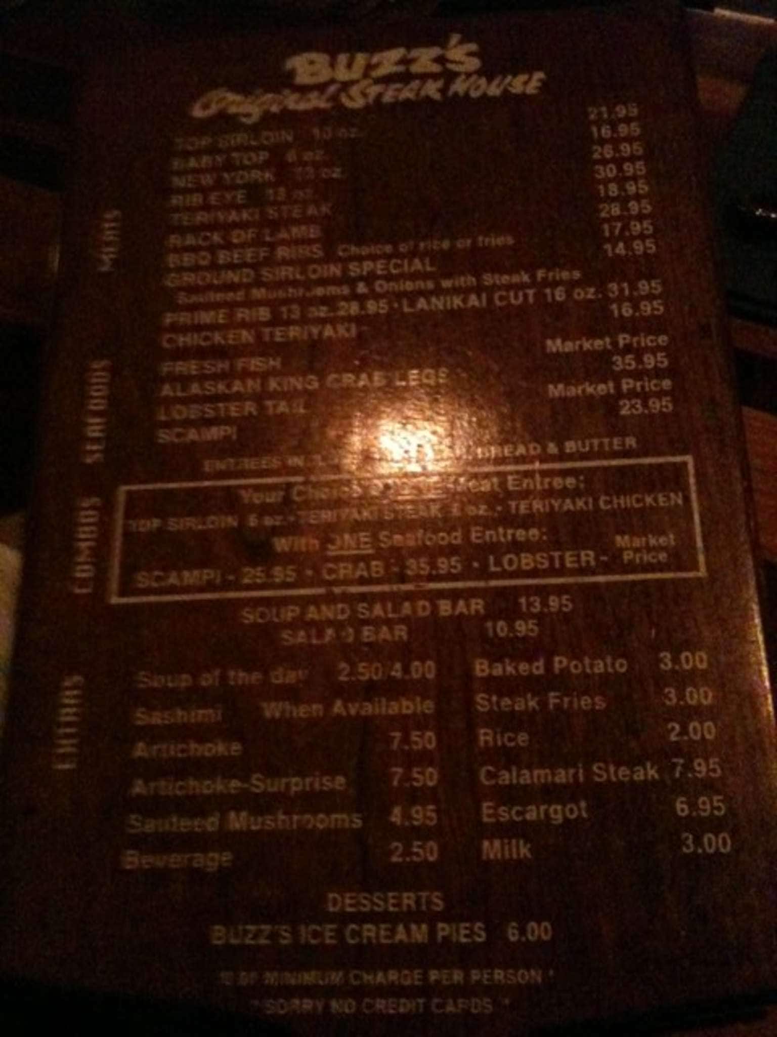 Menu at Buzz's Steakhouse, Kailua