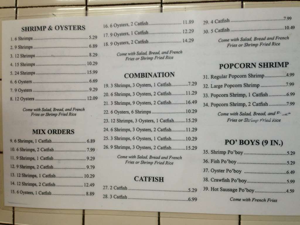 Menu at My's Seafood restaurant, Baton Rouge