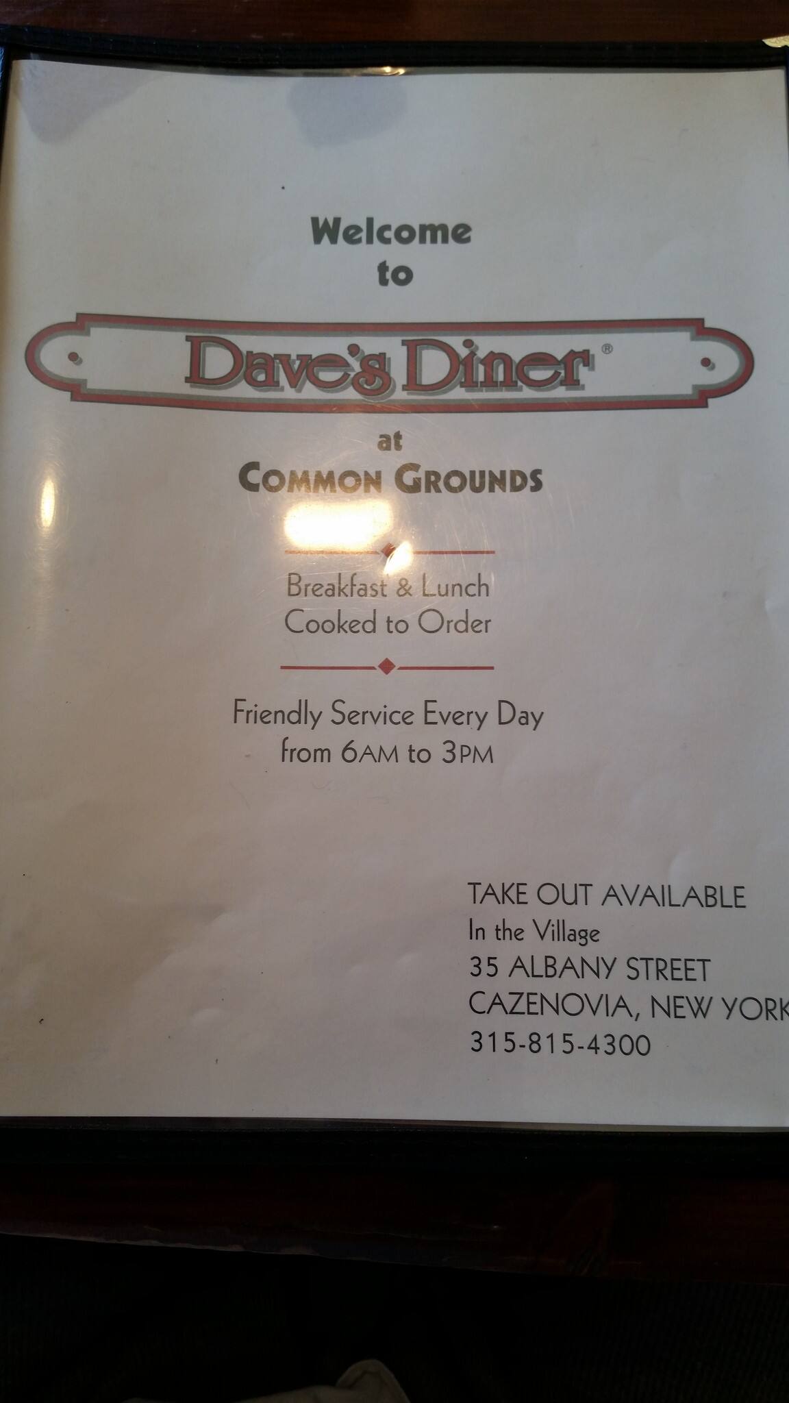 Menu at Dave's Diner restaurant, Cazenovia