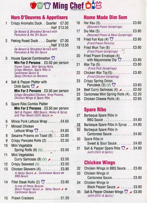 Ming Chef menu