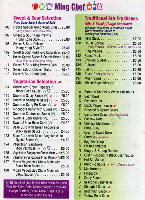 Ming Chef menu