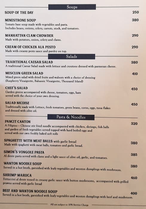 rizal park hotel menu