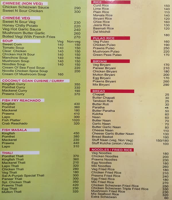 Menu at Shri Leela Restaurant, Calangute