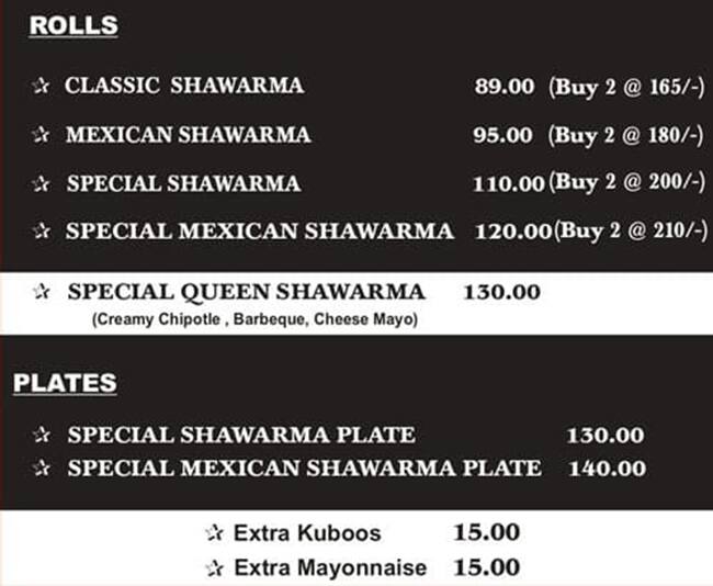 Menu of Shawarma Queen, Ambattur, Chennai