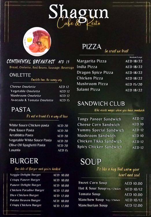 Menu of Shagun Cafe & Restaurant, Qusais, Dubai