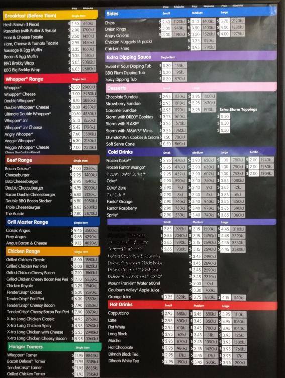 Hungry Jack's Menu,Menú para Hungry Jack's, Yamanto, Brisbane