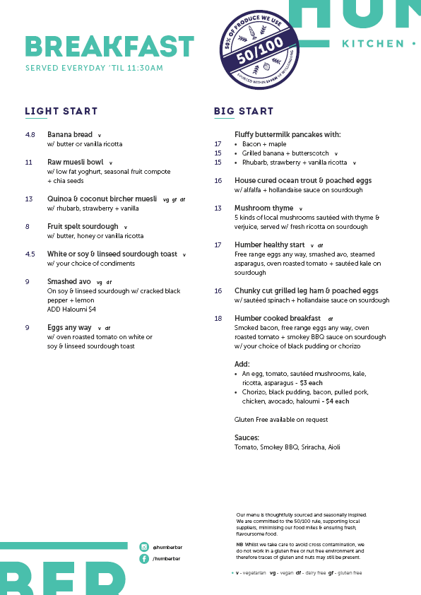 Menu at Humber pub & bar, Wollongong