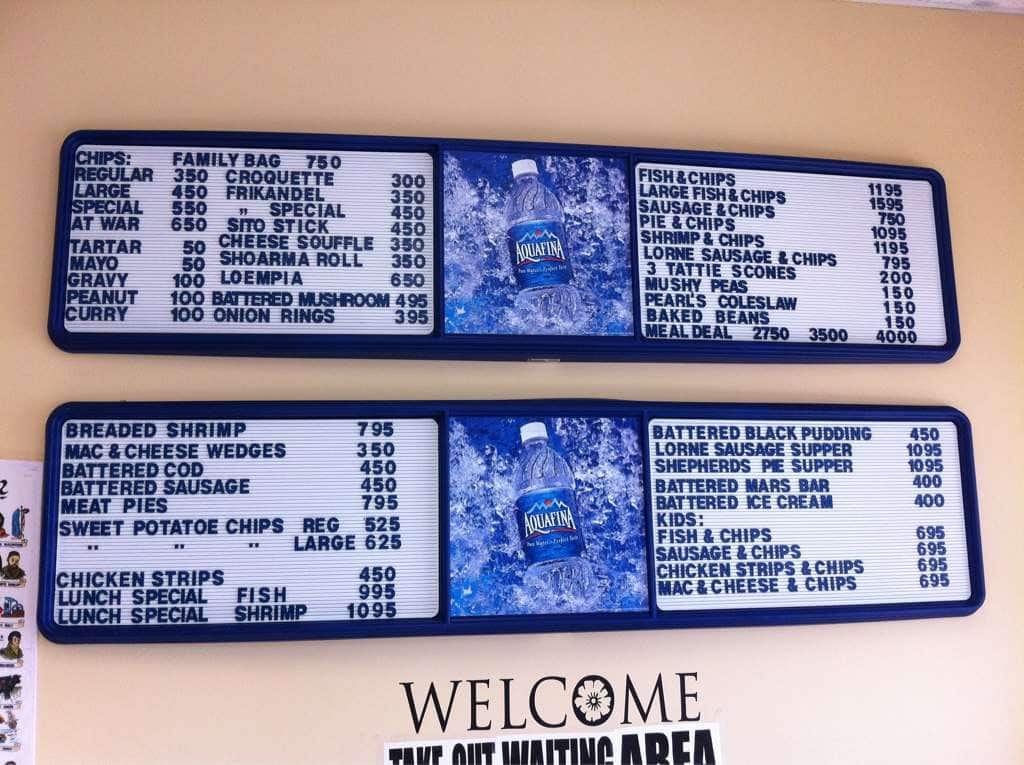 Menu at Whitbie's Fish & Chips restaurant, Lethbridge
