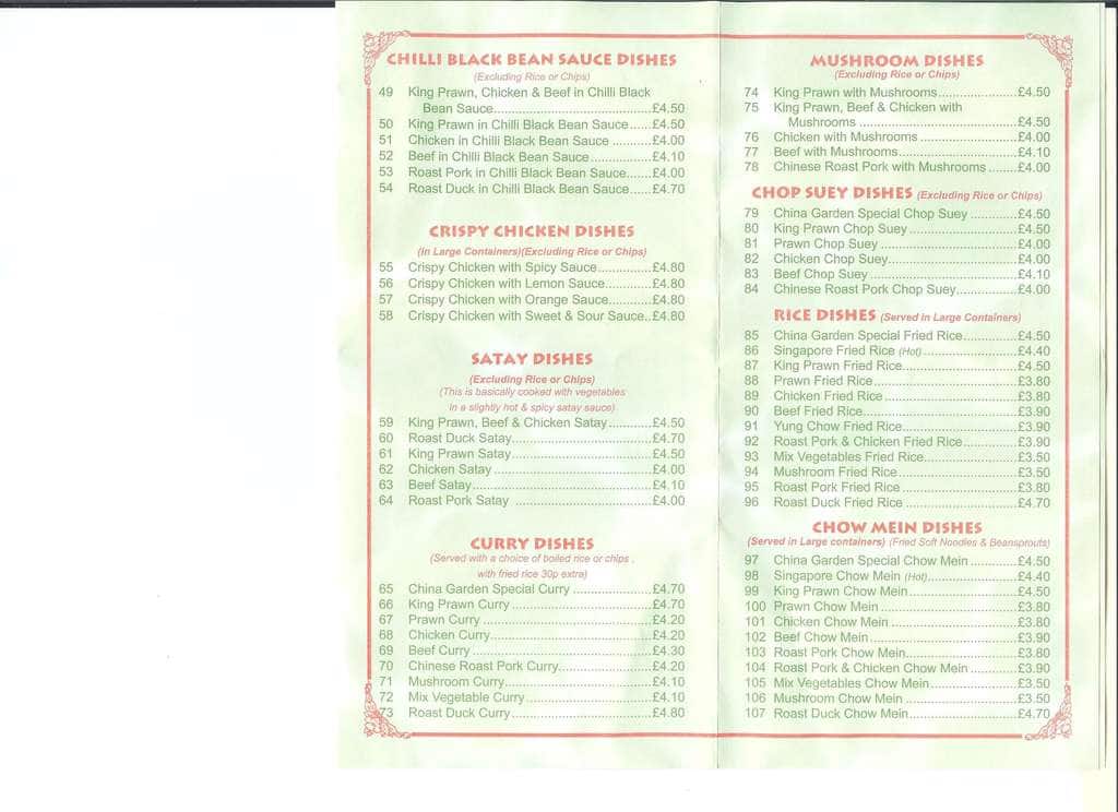 Menu at China Garden fast food, Rugby, Hollowell Way