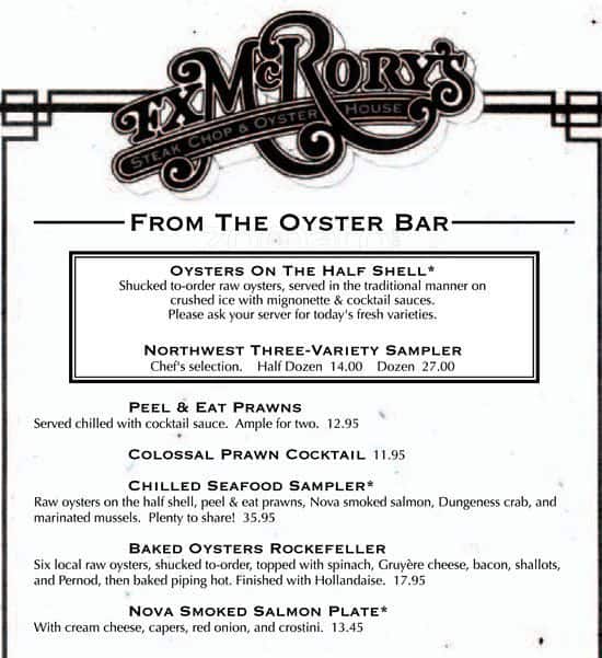 F.X. McRory's Steak Shop & Oyster House Menu Urbanspoon/Zomato